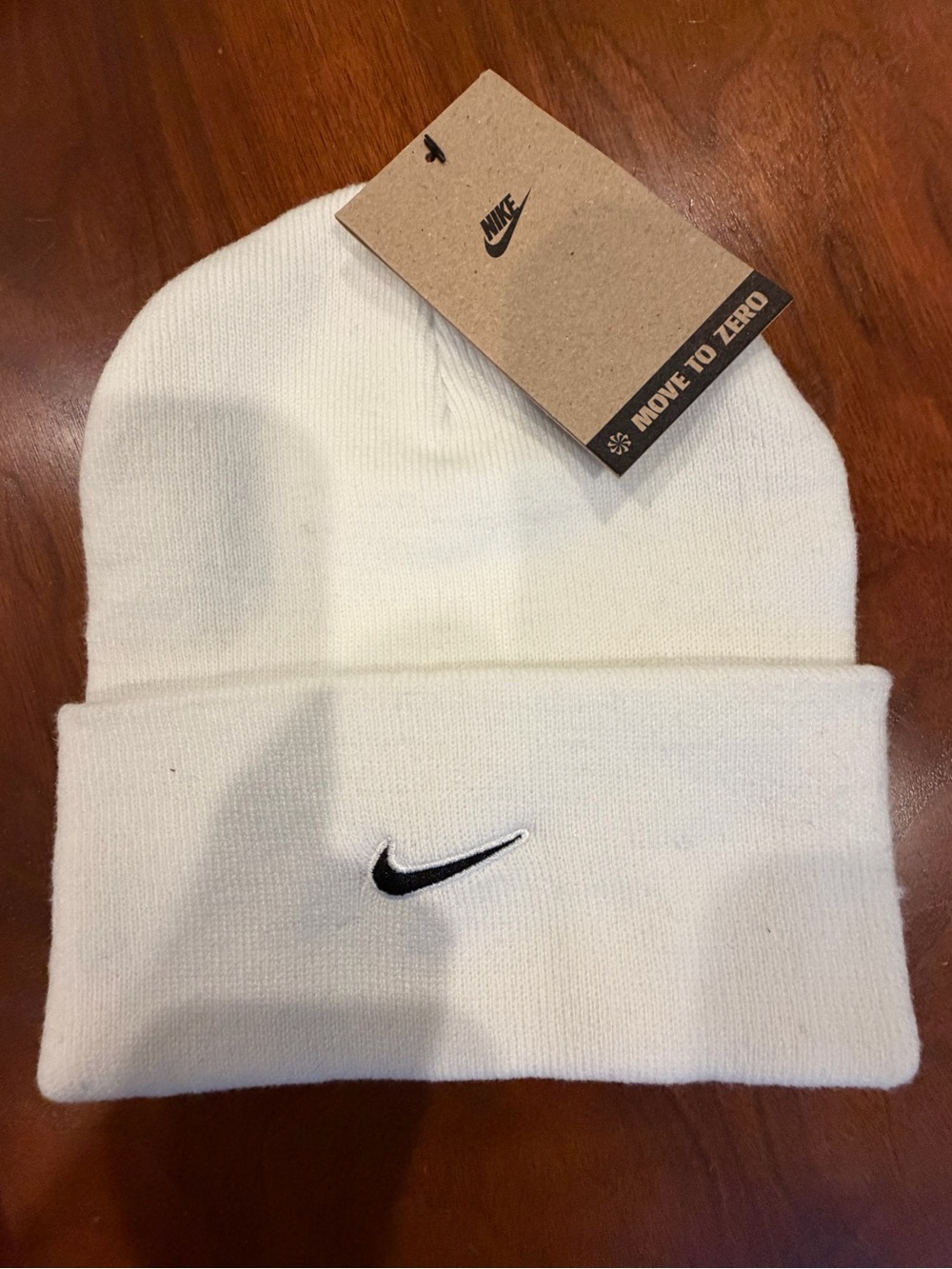 Nike White Cuffed Beanie with Black Swoosh